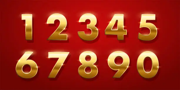 Vector illustration of Birthday golden numbers isolated on red background. Set of gold yellow isolated numbers. Bright metallic 3D, realistic vector design elements