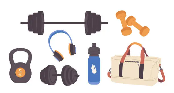 Vector illustration of Bodybuilding, powerlifting and weightlifting athletic sport equipment for muscle pumping set