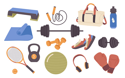Sports equipment, gym accessories, fitness tools for cardio training isolated cartoon set on white background. Tools for muscle pumping, body health care and active lifestyle vector illustration