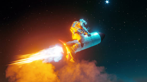 Astronaut Ventures into Space on a Daring Rocket Ride Astronaut is on a mission in space and flys on top of a rocket. Surreal image of space exploration. rocketship stock pictures, royalty-free photos & images