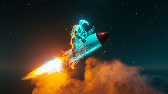 Astronaut is on a mission in space and flys on top of a rocket. Surreal image of space exploration.