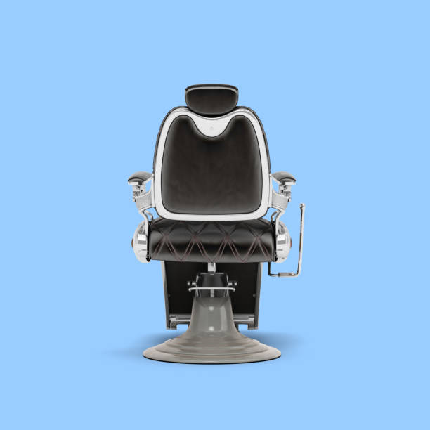istock Retro black leather barber chair with chrome inserts back view 3d render on blue 1699133966