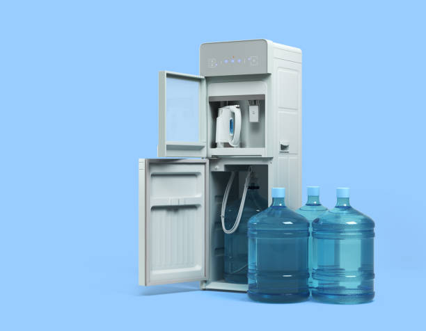 istock Modrn open water cooler machine with whater bottels perspective view 3d render on blue 1699134497