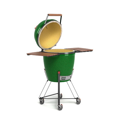 Barbecue green color with lid BBQ grill for outdoor prepare meat food perspective view 3d illustration on white