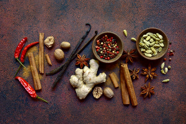 Variety of winter spices . Top view with copy space. stock photo