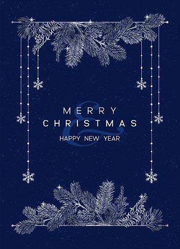Christmas Poster - Illustration. Vector vertical card of Christmas Background with branches of christmas tree and silver elements.
