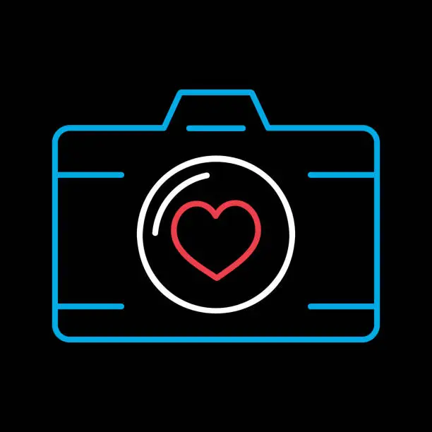 Vector illustration of Wedding party camera with love lens vector icon