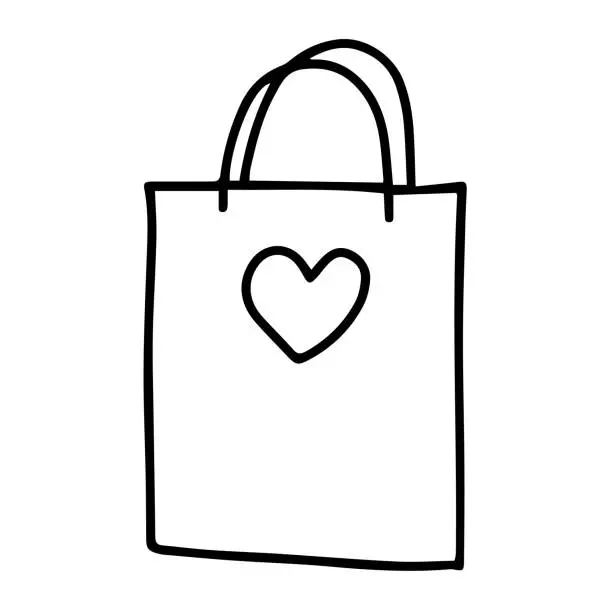 Vector illustration of Beautiful hand drawing black vector bag for shopping with heart isolated on a white background