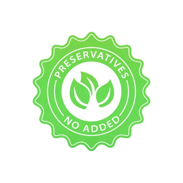 Vector illustration of Preservatives not added organic leaves vector green icon. Brand on the packaging of natural organic products without preservatives. Organic food no added preservatives badge. Vector illustration