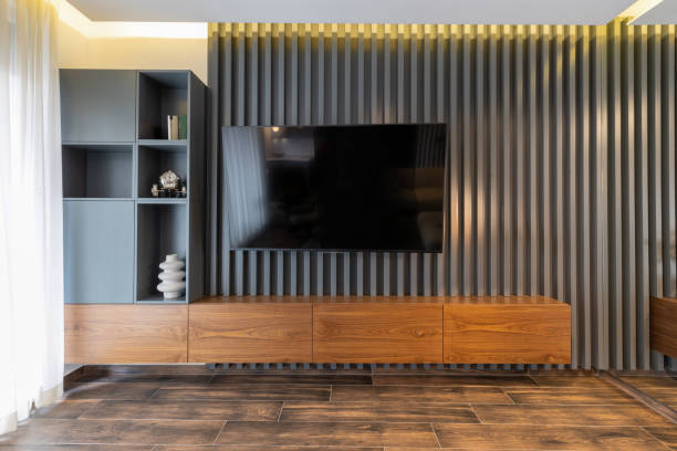 istock Luxury living room interior with wood slat wall 1699323698