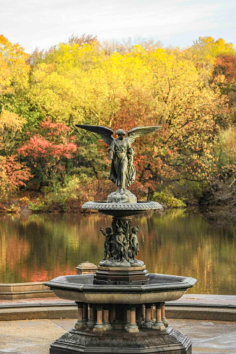 Gold autumn in Central Park, New York City. Bethesda fountain.
