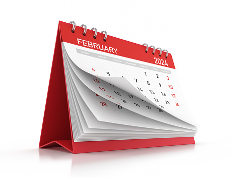 Red 2024 February Monthly Desktop Calendar Isolated on White Background (Object and shadow are separated as path.) stock photo