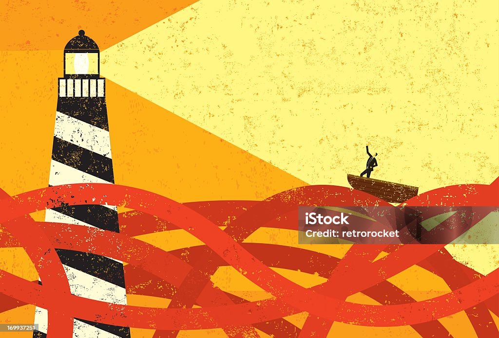 Drawing of boat on Red Sea being guided by lighthouse A lighthouse providing guidance to a boat in a sea of red tape. The lighthouse, man & boat, and the red tape are on a separate labeled layer from the background. Hope - Concept stock vector
