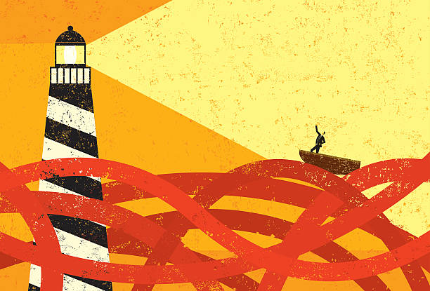 Drawing of boat on Red Sea being guided by lighthouse A lighthouse providing guidance to a boat in a sea of red tape. The lighthouse, man & boat, and the red tape are on a separate labeled layer from the background. prediction concept stock illustrations