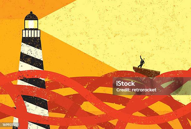 Drawing Of Boat On Red Sea Being Guided By Lighthouse Stock Illustration - Download Image Now