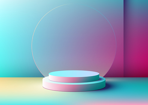 3D realistic empty blue and pink podium stand with circle transparent glass backdrop minimal wall scene on vibrant color background. Vector illustration