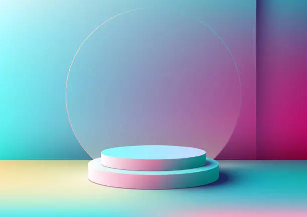 Vector illustration of 3D realistic empty blue and pink podium stand with circle transparent glass backdrop minimal wall scene on vibrant color background