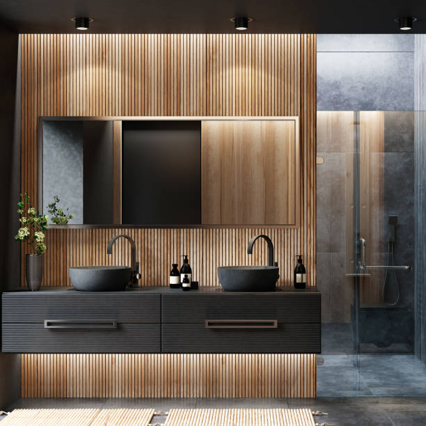 lujo moderno y baño oscuro minimalista - baños modernos para hogares inteligentes fotografías e imágenes de stock