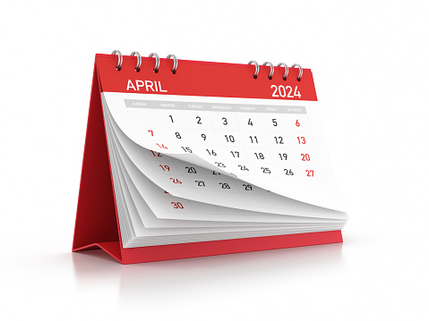 Red 2024 April Monthly Desktop Calendar Isolated on White Background (Object and shadow are separated as path.) stock photo
