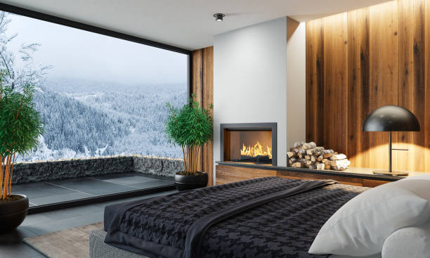 istock Modern minimalist bedroom with fireplace 1699374238