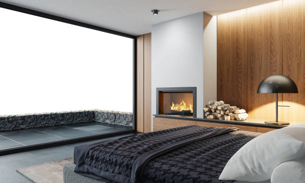 istock Modern minimalist bedroom with fireplace 1699374239