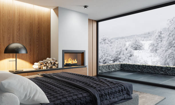 chambre minimaliste moderne avec cheminée - winter palace photos et images de collection