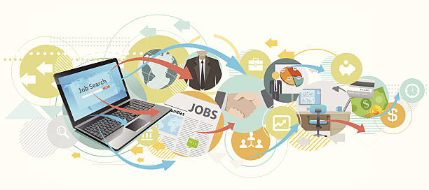 wyszukiwanie pracy z laptopa - classified ad newspaper advertisement job stock illustrations