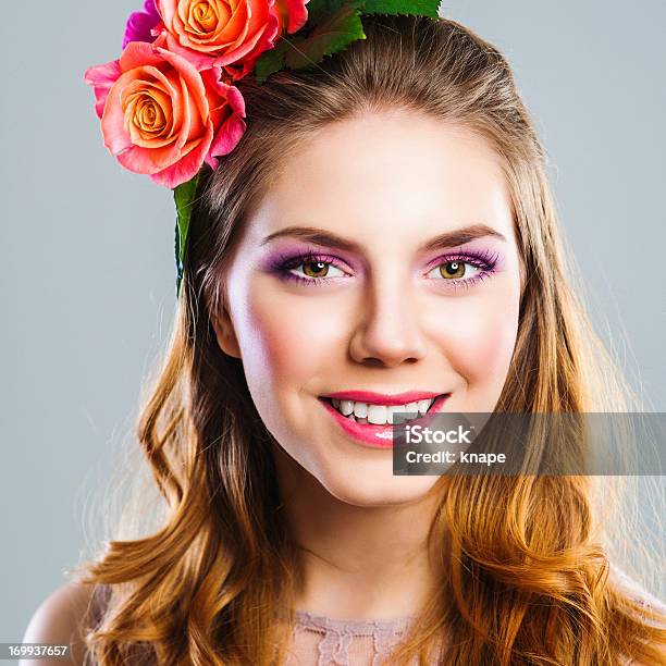 Beautiful Young Woman With Roses In Her Hair Stock Photo - Download Image Now - 20-24 Years, 20-29 Years, Adult