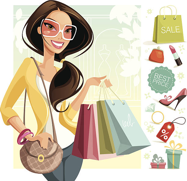 Shopping Illustration of a woman shopping. Woman, icons and background are grouped and layered separately. teenage girls illustrations stock illustrations