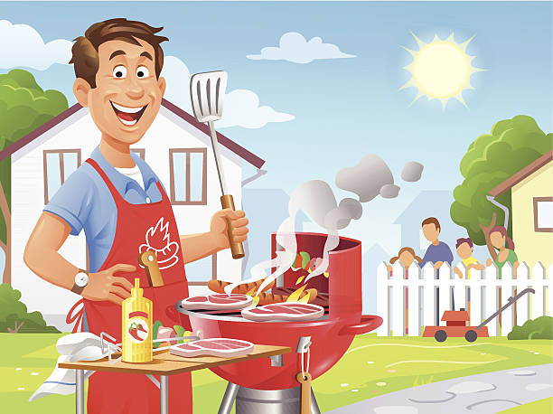 летнее барбекю - barbecue grill chef barbecue sausage stock illustrations