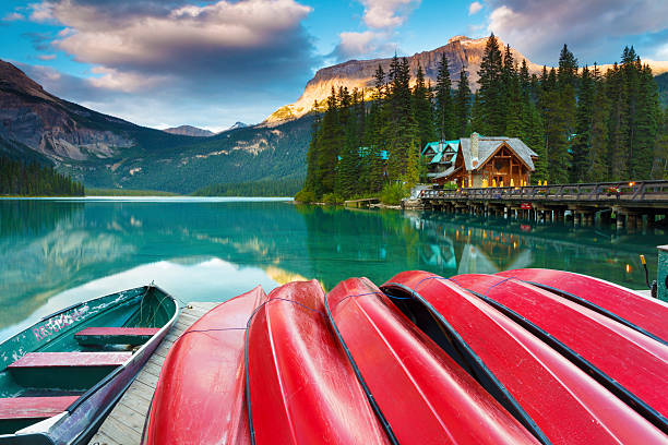 Calm Evening at Emerald Lake Late summer afternoon at Emerald Lake in Yoho National Park, British Columbia, Canada. Emerald Lake is a major tourism destination in the Canadian Rockies. canada trip stock pictures, royalty-free photos & images