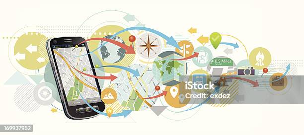 Travel Map Navigation By Mobile Stock Illustration - Download Image Now - Mobile App, Surveillance, Travel