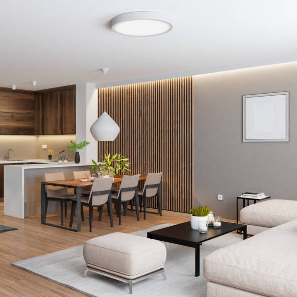 istock Living room with modern minimalist Italian style open space kitchen. 1699381847