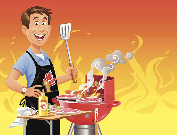 Grill Master A man at a grill in front of a flamy background. Illustration with space for text. EPS 10 -image contains transparencies (smoke), grouped and labeled in layers. + download contains an additional version with red apron. (EPS+ JPEG) chef cooking flames stock illustrations