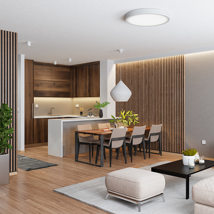 Luxury apartment living room interior and modern minimalist kitchen with big kitchen.
3d rendering