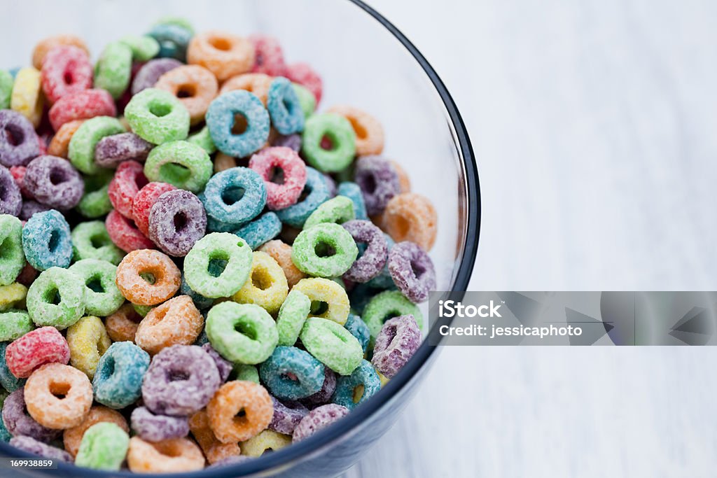 Fruity Cereal Close Up Sugary, fruity novelty cereal. Breakfast Cereal Stock Photo