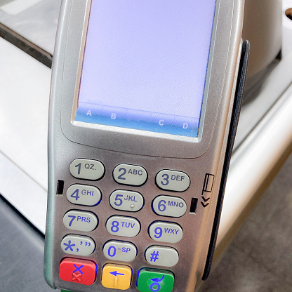 Point of sale for debit or credit cards in a supermarket in Caracas city. It can accept national cards or international debit or credit cards.