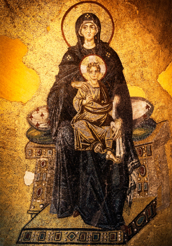 Mosaic of Virgin Mary and Infant Jesus Christ found in the old church of Hagia Sophia in Istanbul