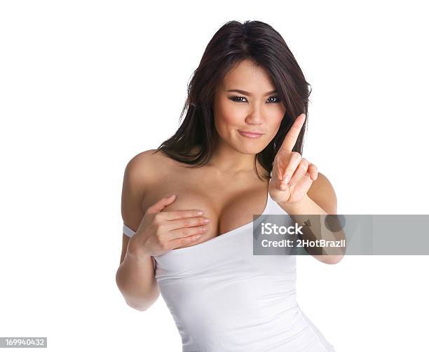 Sexy Mulher Com A Mão No Peito Gesticular - Fotografias de stock e mais imagens de Apontar - Sinal Manual - Apontar - Sinal Manual, Fundo Branco, Modelo - Ocupação