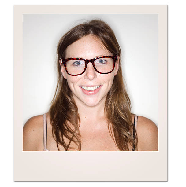 Beautiful Natural Woman. Slightly Geeky. Simulated polaroid. Ringflash Shot
