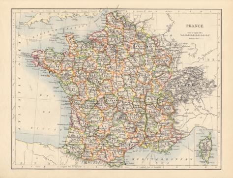 Antique Map of France from a book dated 1895. Digitally Remastered by Nick Free 2012.