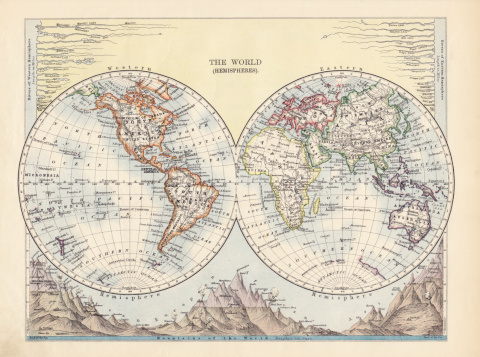 Original old hand coloured map of the World on Mercators projection circa 1860, please note the countries are named as they were then i.e. Persia, Arabia and Siam etc. Joined from two pages of an atlas there are a few stains as expected with a document that's over 150 years old.