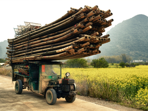 Bamboo rafts being transported on a make shift vehicle up the stream in rural China.