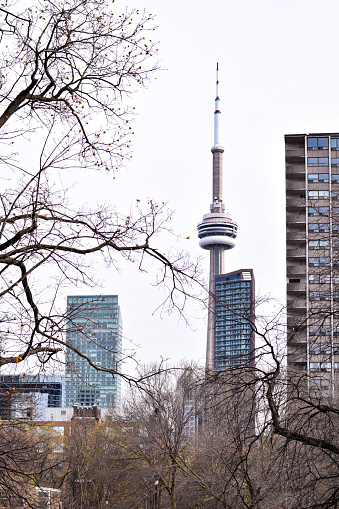 Toronto, Ontario Canada - May 5, 2022: View of CN Tower among highrise apartment buildings