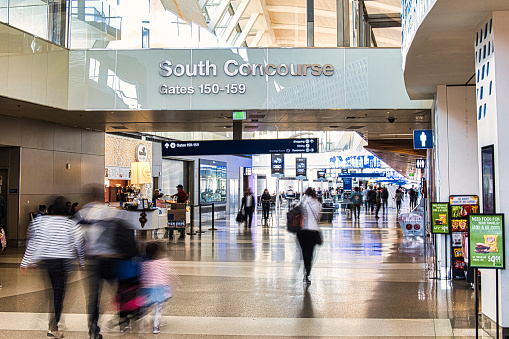 Los Angeles, United States - February 21 : the airport terminal has many signs to indicate passengers how to find their way