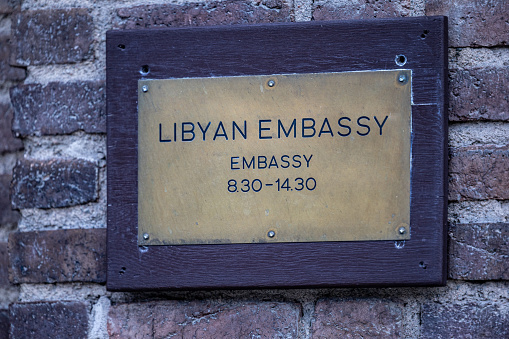 Stockholm, Sweden Aug 15, 2023 A copper sign for the Libyan embassy in Stockholm.