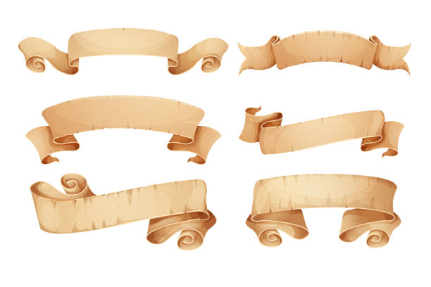 istock Set Parchment paper scroll ribbon, old vintage banner game ui element in cartoon style isolated on white background. Vector illustration 1699426353