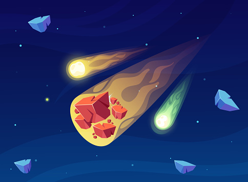 Falling Meteorite Streaks Across The Night Sky, A Fiery Spectacle Of Nature Power And Cosmic Wonder, Leaving A Trail Of Awe In Its Wake. Cartoon Vector Illustration for Kids Game or Book