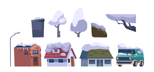 Isolated Elements or Icons, Cottage Houses, Trees, Car, Litter Bin and Street Light Covered with Snow and Ice. Blizzard Disaster, Winter, Snowfall on White Background. Cartoon Vector Illustration
