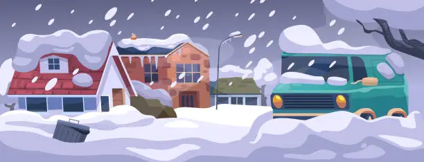 Vector illustration of Relentless Blizzard Disaster Blankets The Tranquil Countryside With Cars And Cottages, Freezing Everything In Its Path